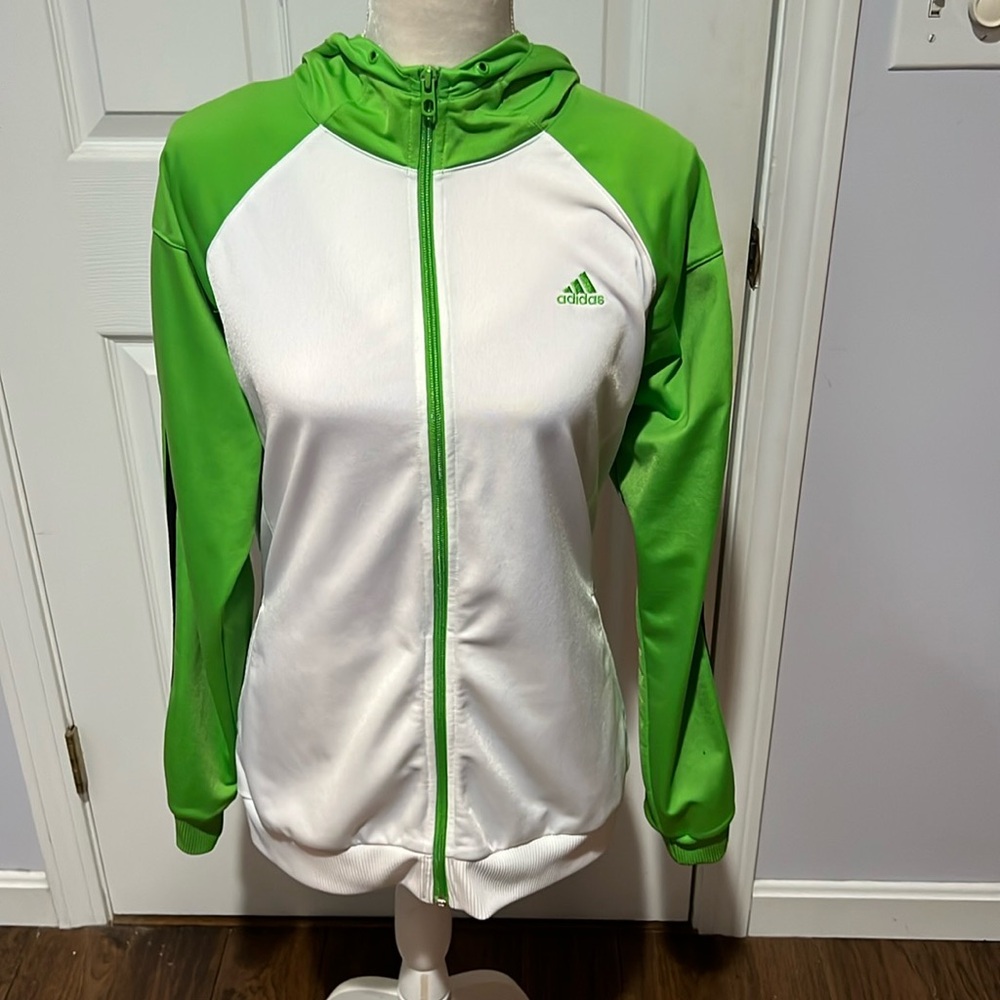 Adidas zip up hooded track jacket women’s size XL green/white/black